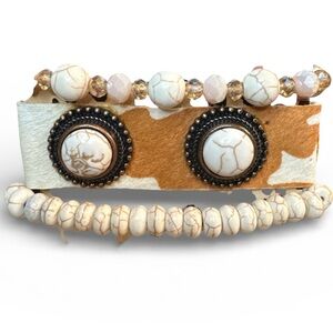 Elegant Cream and Brown Leather Animal Print Bracelet Set